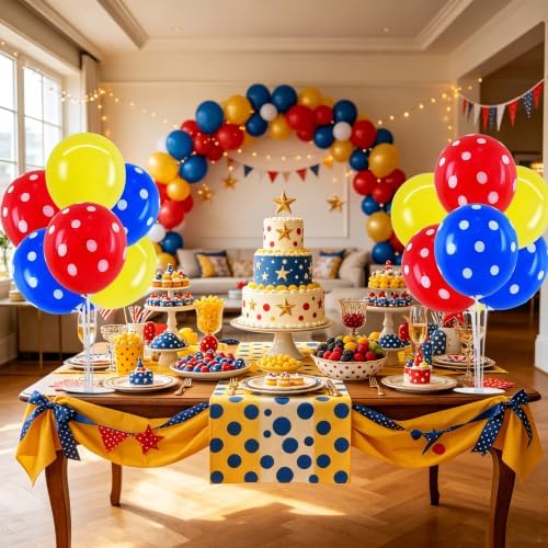4 Set Red Yellow Blue Polka Stand Balloon Centerpieces for Table in 12 inches in Metallic Blue Silver, alternate view 6