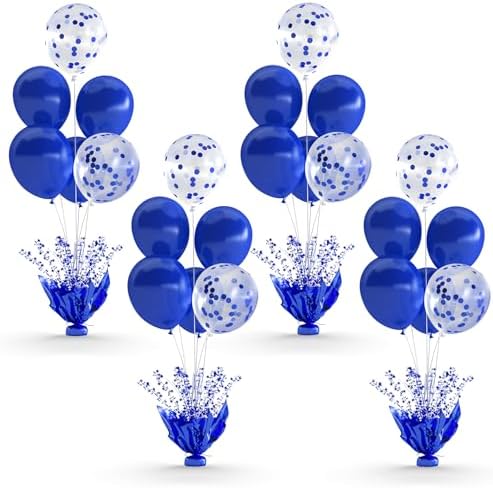 4 Set Royal Blue Table Balloons Foil Spray Centerpiece with Royal Blue and Confetti Balloons Stand Kit for