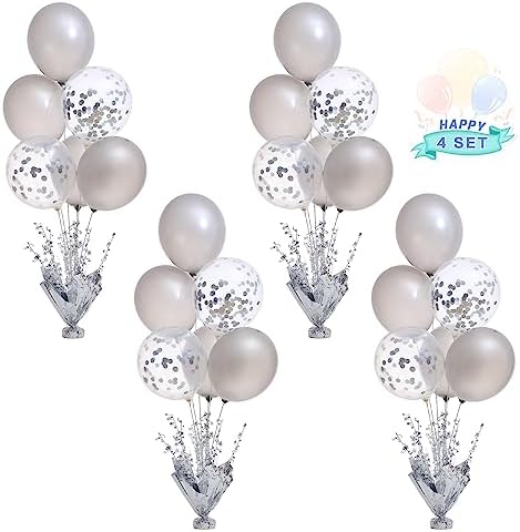 4 Set Silver Table Balloons Centerpiece Stand Kit with Silver and Confetti Balloons for Graduation Birthday