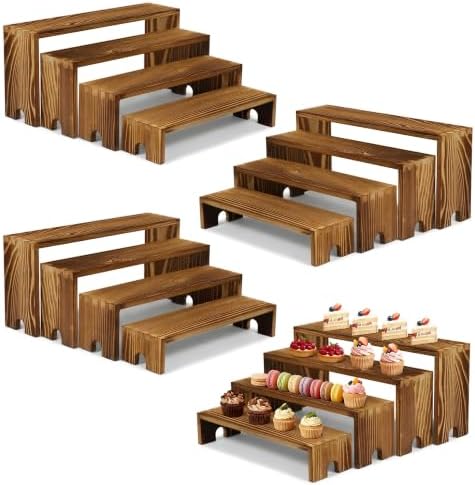 4 Set Wood Display Risers, Stackable Cupcake Stand for Party Dessert Table in Dark Brown