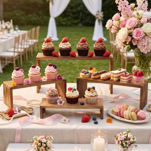 4 Set Wood Display Risers, Stackable Cupcake Stand for Party Dessert Table in Dark Brown, alternate view 2