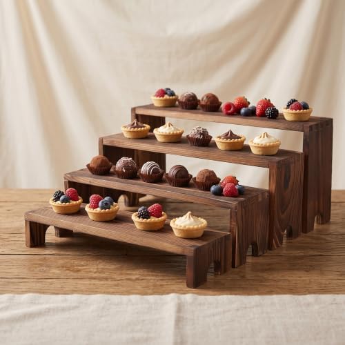 4 Set Wooden Tiered Cupcake Stands, Stackable Food Buffet Display Risers in Brown, alternate view 5