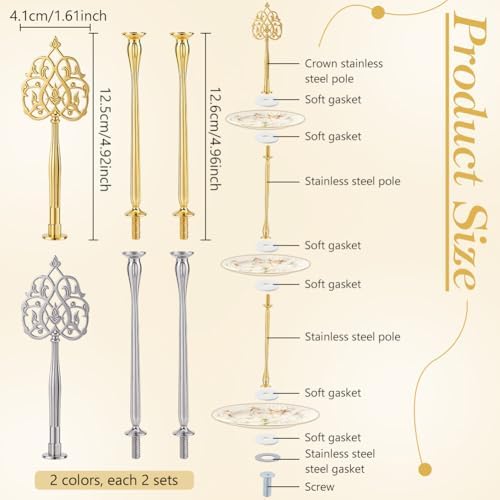 4 Sets 3 Tier Cup Stand Hardware Handles Golden Silvery Rococo Tiered Tray Hardware Kit Hollow Fruit Plate Stand, alternate