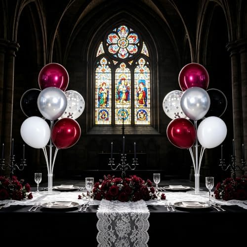 4 Sets Burgundy Red and Black Silver Balloon Centerpieces for Table in Burgundy Red and Black Silver, alternate view 2