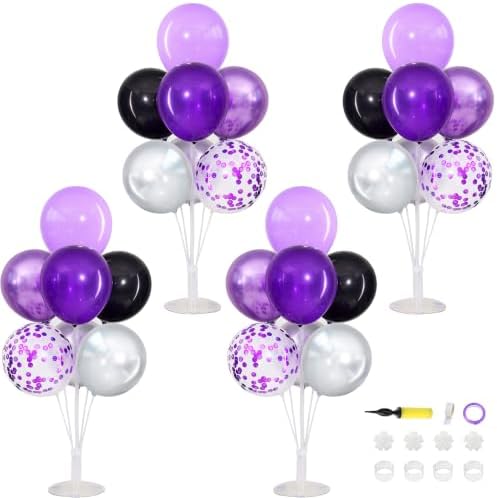 4 Sets Purple Black Silver Balloon Stand Kits for Table Centerpieces in Purple Black Silver
