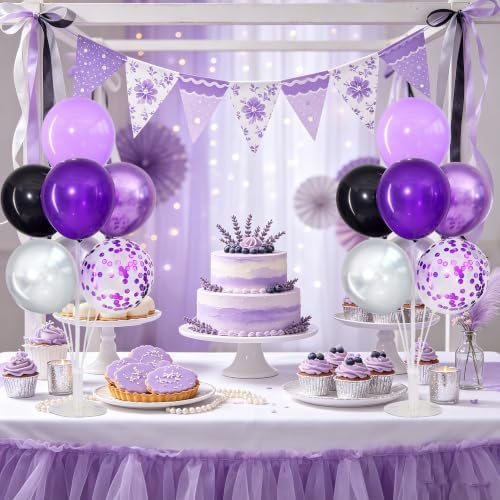 4 Sets Purple Black Silver Balloon Stand Kits for Table Centerpieces in Purple Black Silver, alternate view 2