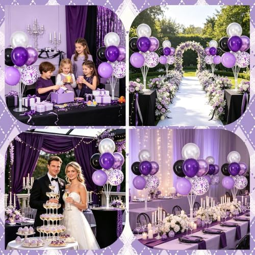 4 Sets Purple Black Silver Balloon Stand Kits for Table Centerpieces in Purple Black Silver, alternate view 6