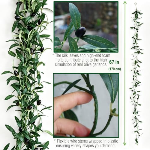 4 Strands Faux Olive Branches Garland 67IN Greenery Garland for Table Decor, alternate view 4