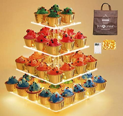 4 Tier Acrylic Square Cupcake Stand with Light -Serving Tray in Yellow Light (Battery)
