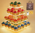 4 Tier Acrylic Square Cupcake Stand with Light -Serving Tray in Yellow Light (Battery)