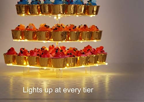 4 Tier Acrylic Square Cupcake Stand with Light -Serving Tray in Yellow Light (Battery), alternate view 5