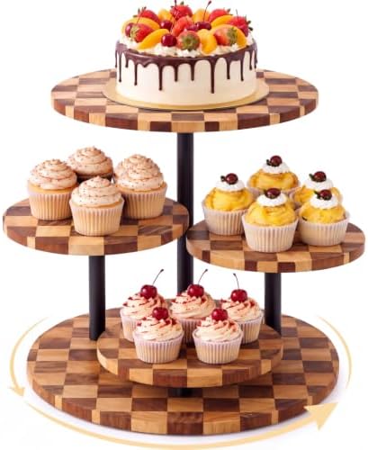 4 Tier Checkerboard Wood Cupcake Tower Stand for 50 Cupcakes, 360°Rotating in Natural Wood Checkered Pattern