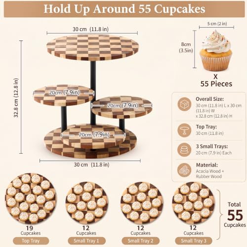 4 Tier Checkerboard Wood Cupcake Tower Stand for 50 Cupcakes, 360°Rotating in Natural Wood Checkered Pattern, alternate view