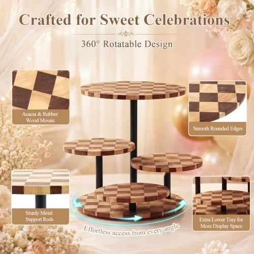 4 Tier Checkerboard Wood Cupcake Tower Stand for 50 Cupcakes, 360°Rotating in Natural Wood Checkered Pattern, alternate view
