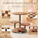 4 Tier Checkerboard Wood Cupcake Tower Stand for 50 Cupcakes, 360°Rotating in Natural Wood Checkered Pattern, alternate view