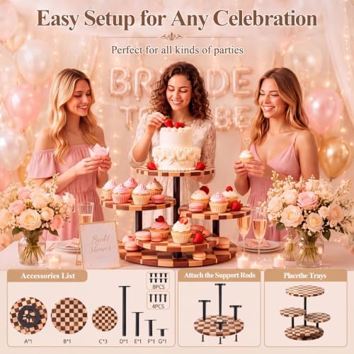 4 Tier Checkerboard Wood Cupcake Tower Stand for 50 Cupcakes, 360°Rotating in Natural Wood Checkered Pattern, alternate view