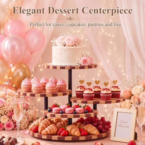 4 Tier Checkerboard Wood Cupcake Tower Stand for 50 Cupcakes, 360°Rotating in Natural Wood Checkered Pattern, alternate view