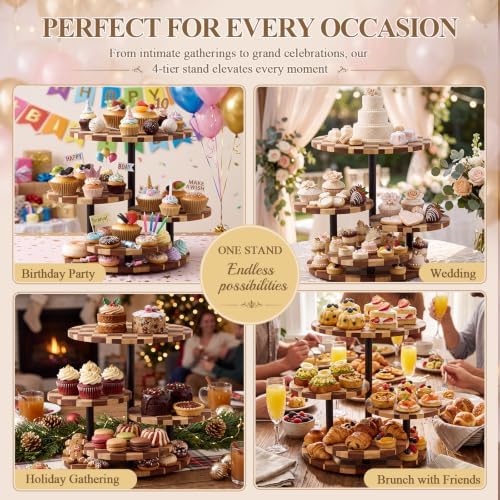 4 Tier Checkerboard Wood Cupcake Tower Stand for 50 Cupcakes, 360°Rotating in Natural Wood Checkered Pattern, alternate view