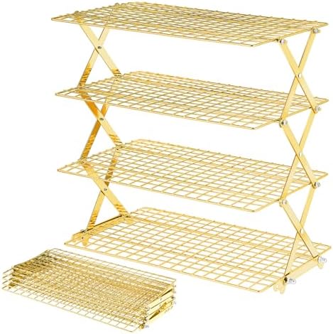 4 Tier Collapsible Cooling Rack - Adjustable Stainless Steel Baking Rack with Mesh Leak Proof, Foldable X-Shaped