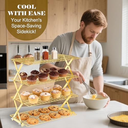 4 Tier Collapsible Cooling Rack - Adjustable Stainless Steel Baking Rack with Mesh Leak Proof, Foldable X-Shaped, alternate