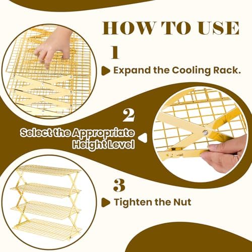 4 Tier Collapsible Cooling Rack - Adjustable Stainless Steel Baking Rack with Mesh Leak Proof, Foldable X-Shaped, alternate