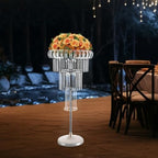 4 Tier Crystal Flower Stand, 2pcs Wedding Silver Vases Centerpieces with Hanging Crystals, Round Chandelier, alternate view 2