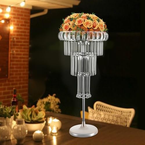 4 Tier Crystal Flower Stand, 2pcs Wedding Silver Vases Centerpieces with Hanging Crystals, Round Chandelier, alternate view 4