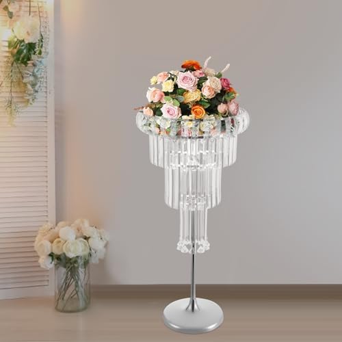 4 Tier Crystal Flower Stand, 2pcs Wedding Silver Vases Centerpieces with Hanging Crystals, Round Chandelier, alternate view 6