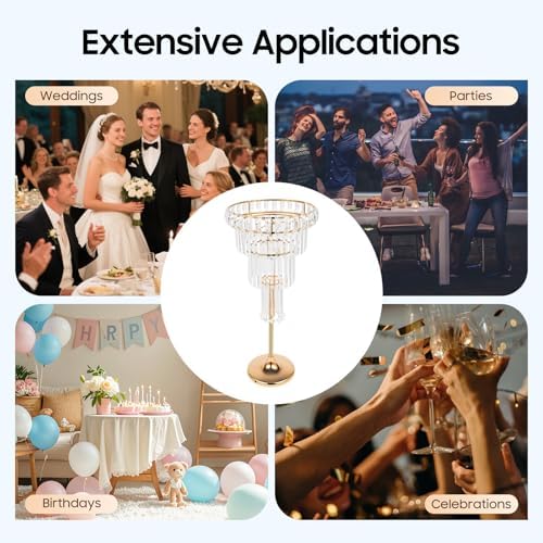 4 Tier Crystal Flower Stand, Wedding Gold Vases Centerpieces with Hanging Crystals, Round Chandelier Pedestal, alternate view