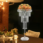 4 Tier Crystal Flower Stand, Wedding Silver Vases Centerpieces with Hanging Crystals, Round Chandelier Pedestal, alternate