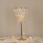 4-Tier Crystal Pendant Table Centerpiece Chandelier, Round Gold Metal Flower Stand - 38" Tall Wedding Pedestal