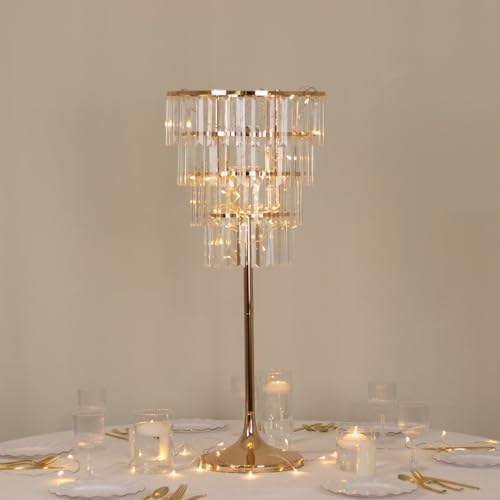 4-Tier Crystal Pendant Table Centerpiece Chandelier, Round Gold Metal Flower Stand - 38" Tall Wedding Pedestal