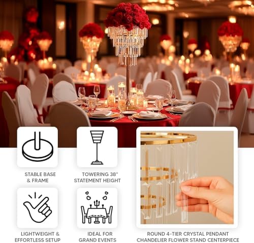 4-Tier Crystal Pendant Table Centerpiece Chandelier, Round Gold Metal Flower Stand - 38" Tall Wedding Pedestal, alternate