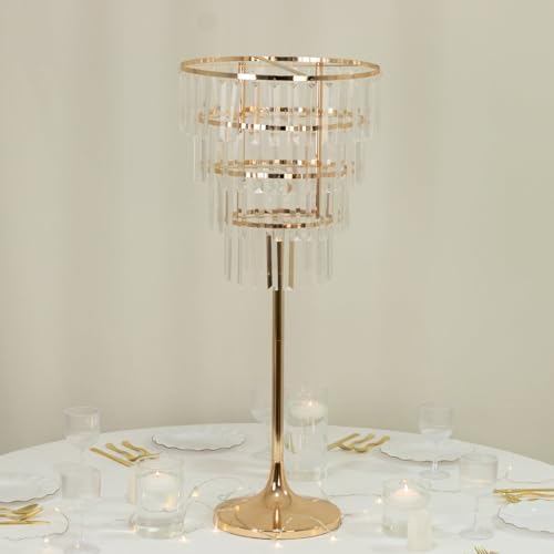 4-Tier Crystal Pendant Table Centerpiece Chandelier, Round Gold Metal Flower Stand - 38" Tall Wedding Pedestal, alternate