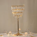 4-Tier Crystal Pendant Table Centerpiece Chandelier, Square Gold Metal Flower Stand - 38" Tall Wedding Pedestal