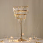 4-Tier Crystal Pendant Table Centerpiece Chandelier, Square Gold Metal Flower Stand - 38" Tall Wedding Pedestal