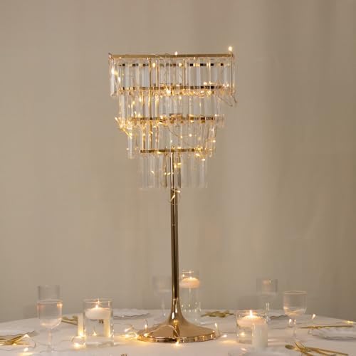 4-Tier Crystal Pendant Table Centerpiece Chandelier, Square Gold Metal Flower Stand - 38" Tall Wedding Pedestal
