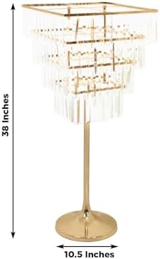 4-Tier Crystal Pendant Table Centerpiece Chandelier, Square Gold Metal Flower Stand - 38" Tall Wedding Pedestal, alternate