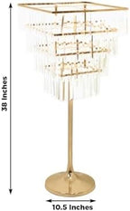 4-Tier Crystal Pendant Table Centerpiece Chandelier, Square Gold Metal Flower Stand - 38" Tall Wedding Pedestal, alternate