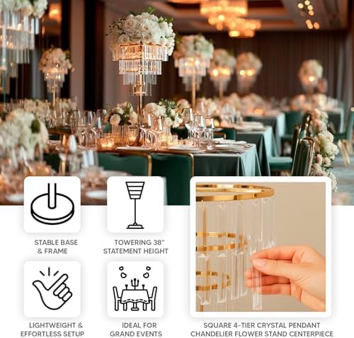 4-Tier Crystal Pendant Table Centerpiece Chandelier, Square Gold Metal Flower Stand - 38" Tall Wedding Pedestal, alternate