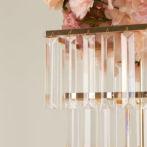 4-Tier Crystal Pendant Table Centerpiece Chandelier, Square Gold Metal Flower Stand - 38" Tall Wedding Pedestal, alternate