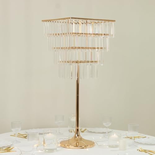 4-Tier Crystal Pendant Table Centerpiece Chandelier, Square Gold Metal Flower Stand - 38" Tall Wedding Pedestal, alternate