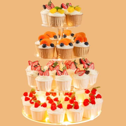4 Tier Cupcake Stand Cupcake Holder with LED, Acrylic Round Cupcake Tower in transparency