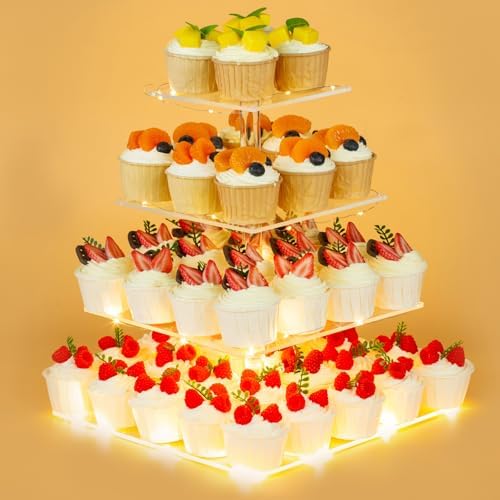 4 Tier Cupcake Stand Cupcake Holder with LED, Acrylic Square Cupcake Tower in 11.6 x 11.6 x 13.2 IN in