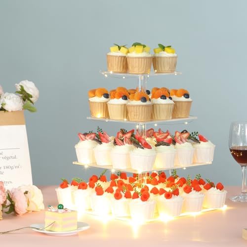 4 Tier Cupcake Stand Cupcake Holder with LED, Acrylic Square Cupcake Tower in 11.6 x 11.6 x 13.2 IN in, alternate view 2