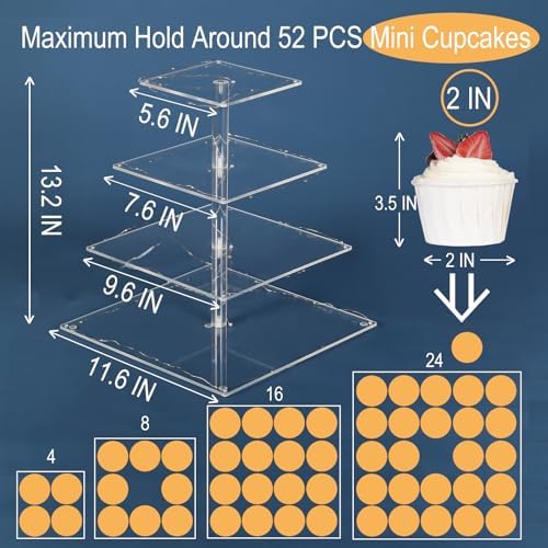 4 Tier Cupcake Stand Cupcake Holder with LED, Acrylic Square Cupcake Tower in 11.6 x 11.6 x 13.2 IN in, alternate view 3