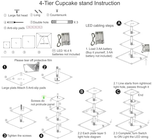 4 Tier Cupcake Stand Cupcake Holder with LED, Acrylic Square Cupcake Tower in 11.6 x 11.6 x 13.2 IN in, alternate view 6