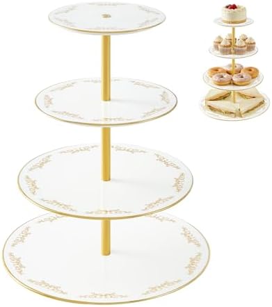 4-Tier Cupcake Stand Tower, British Style Porcelain Tiered Tray with Golden Trim & Pattern, Food Grade Dessert