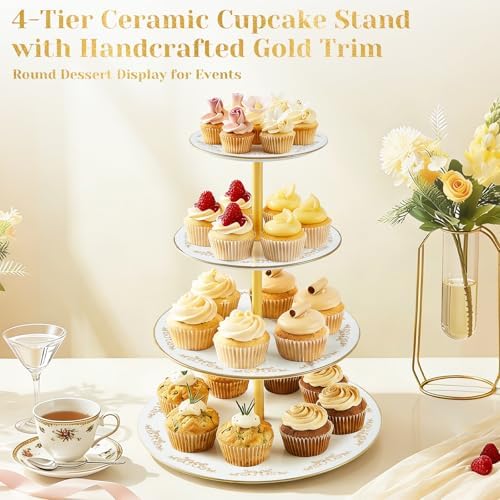 4-Tier Cupcake Stand Tower, British Style Porcelain Tiered Tray with Golden Trim & Pattern, Food Grade Dessert, alternate