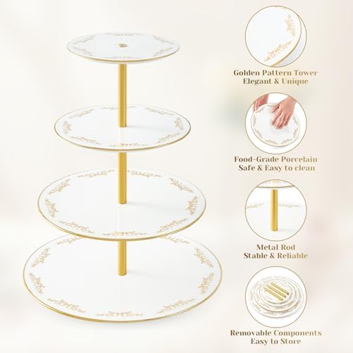 4-Tier Cupcake Stand Tower, British Style Porcelain Tiered Tray with Golden Trim & Pattern, Food Grade Dessert, alternate